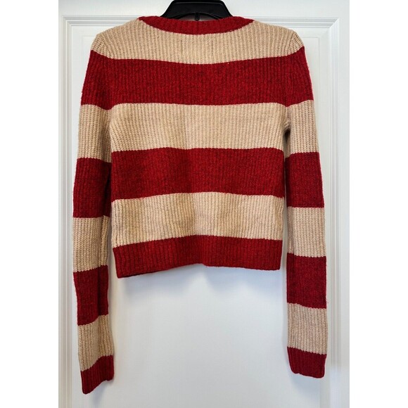 American Eagle Cardigan Womens XS Rugby Striped Cropped Red Tan Button Cozy - Picture 2 of 5